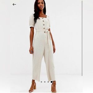 Linen button front tie waist romper